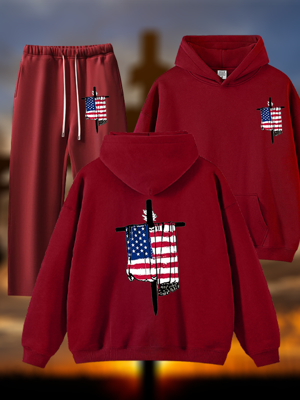 Faith Flag Cross Print Jesus God Christian Plush Fleece-Lined Hoodie Set