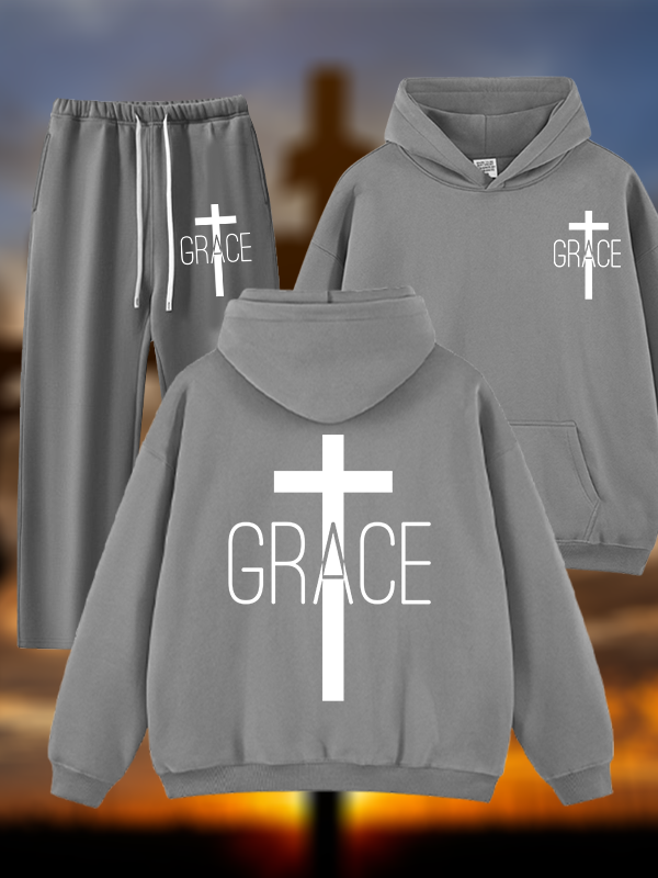 Grace Cross Jesus God Christian Plush Fleece-Lined Hoodie Set
