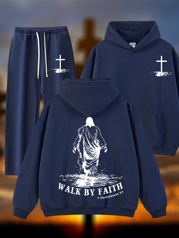 Walk by Faith Jesus God Christian Plush Fleece-Lined Hoodie Set