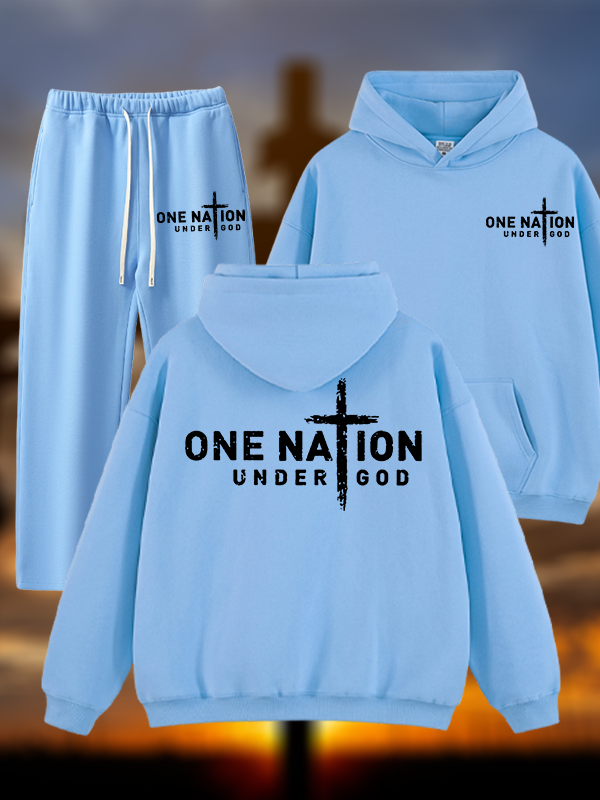 One Nation Under God Cross Jesus God Christian Plush Fleece-Lined Hoodie Set