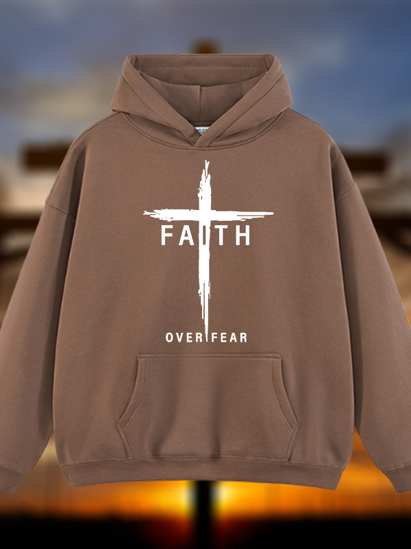 Faith Over Fear Cross Jesus God Christian Plush Fleece-Lined Hoodie