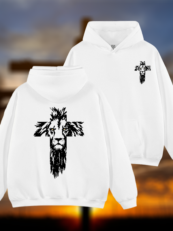 Lion Cross Jesus God Christian Plush Fleece-Lined Hoodie