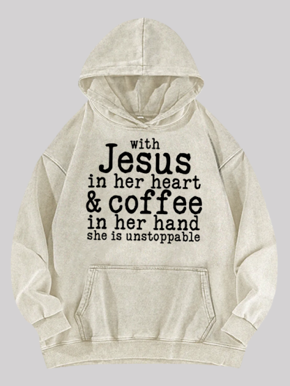 Jesus in her Heart  Jesus God Christian Washed Hoodie