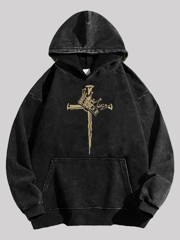 Cross Crown Jesus God Christian Washed Hoodie