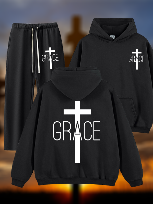 Grace Cross Jesus God Christian Plush Fleece-Lined Hoodie Set