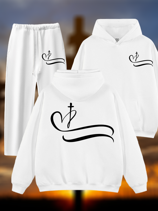 Heart Cross Jesus God Christian Plush Fleece-Lined Hoodie Set