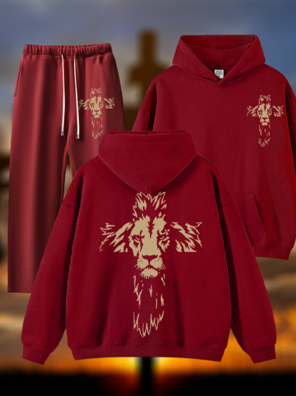 Lion Cross Jesus God Christian Plush Fleece-Lined Hoodie Set