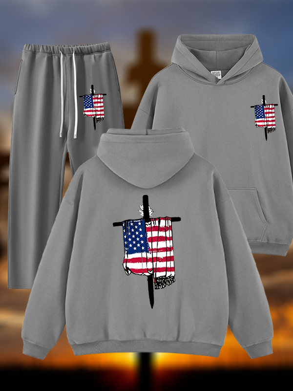 Faith Flag Cross Print Jesus God Christian Plush Fleece-Lined Hoodie Set