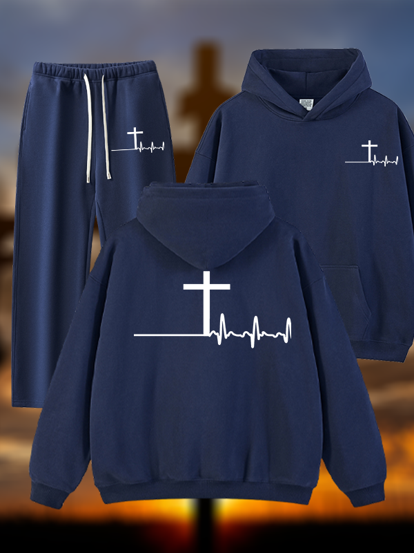 ECG Cross Jesus God Christian Plush Fleece-Lined Hoodie Set