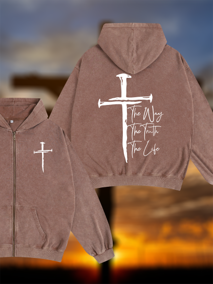 Jesus The Way The Truth The Life Jesus God Christian Washed Zip-Up Hoodie