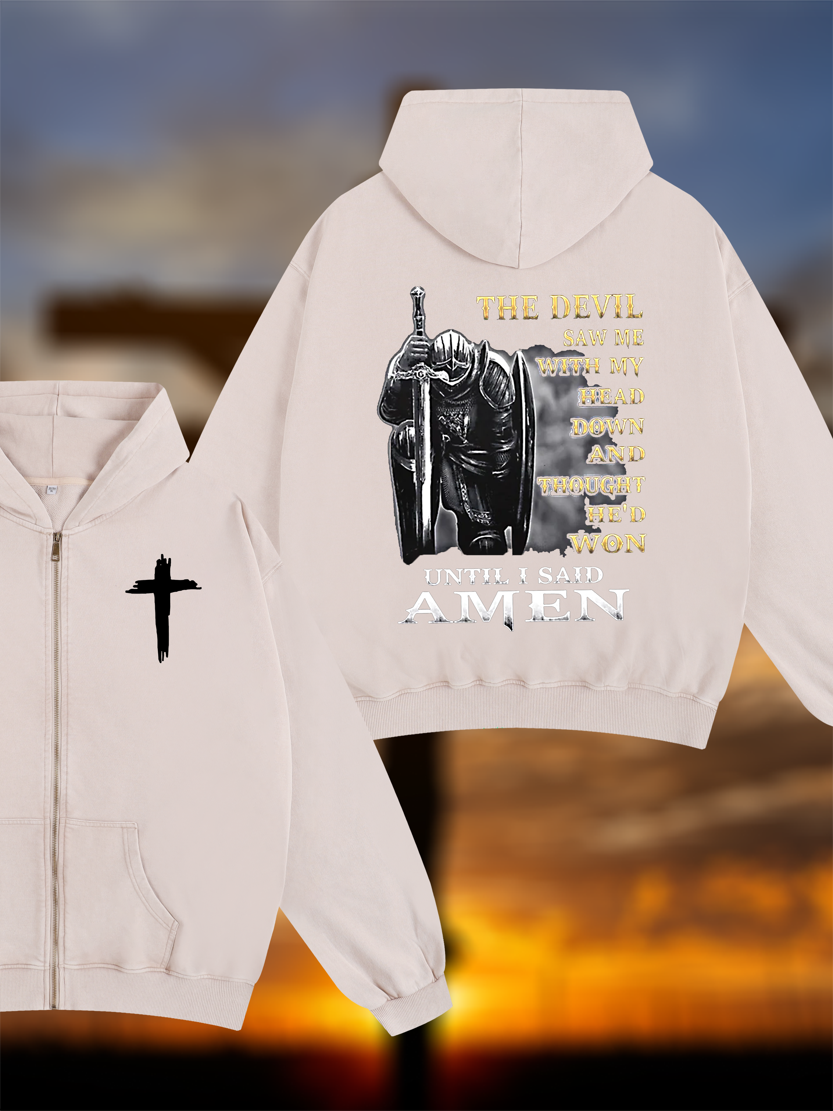 The Devil Saw Me with My Head Down and Thought He'd Won Until I Said Amen Jesus God Christian Washed Zip-Up Hoodie