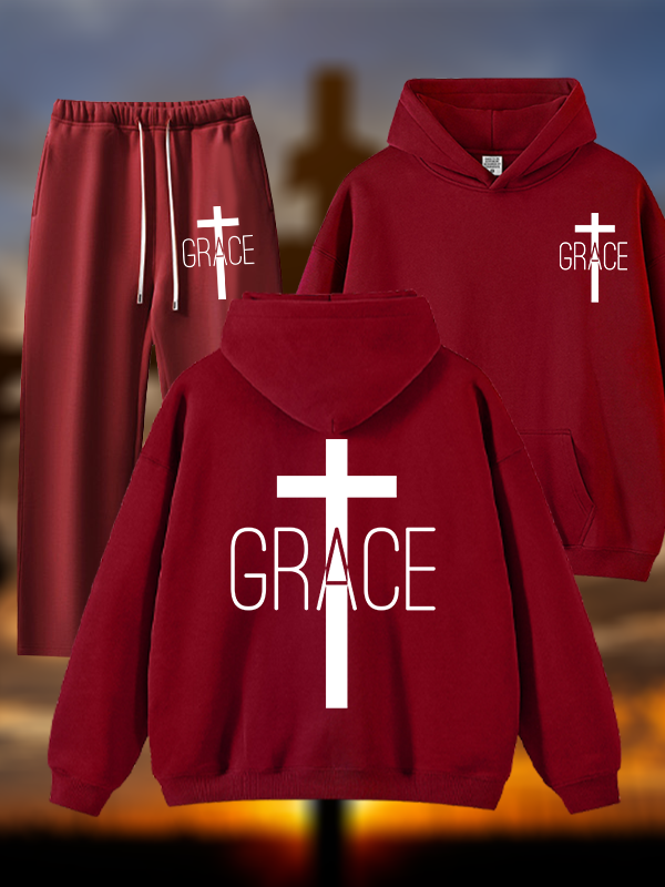 Grace Cross Jesus God Christian Plush Fleece-Lined Hoodie Set