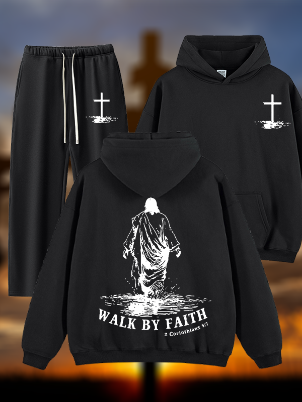 Walk by Faith Jesus God Christian Plush Fleece-Lined Hoodie Set