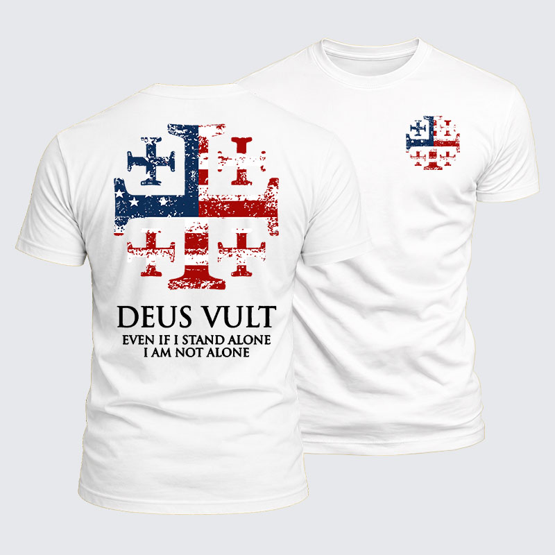 Luxe Mercerized Cotton Tee - Deus Vult Jerusalem Cross Usa Flag Jerusalem Cross Even If I Stand Alone, I Am Not Alone