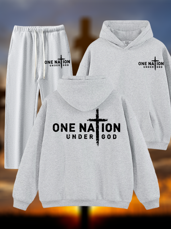 One Nation Under God Cross Jesus God Christian Plush Fleece-Lined Hoodie Set