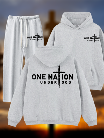 One Nation Under God Cross Jesus God Christian Plush Fleece-Lined Hoodie Set