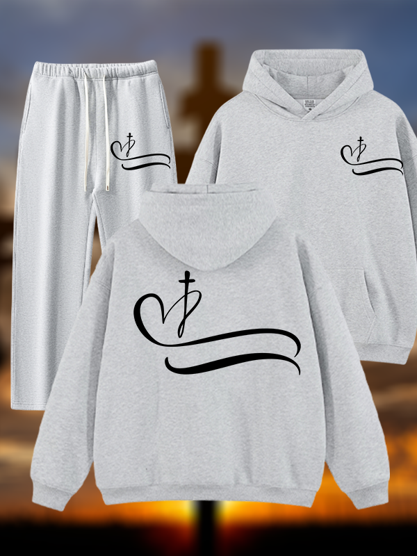 Heart Cross Jesus God Christian Plush Fleece-Lined Hoodie Set