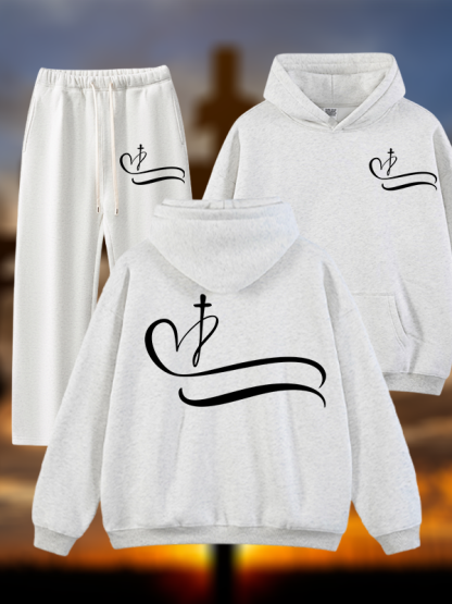 Heart Cross Jesus God Christian Plush Fleece-Lined Hoodie Set