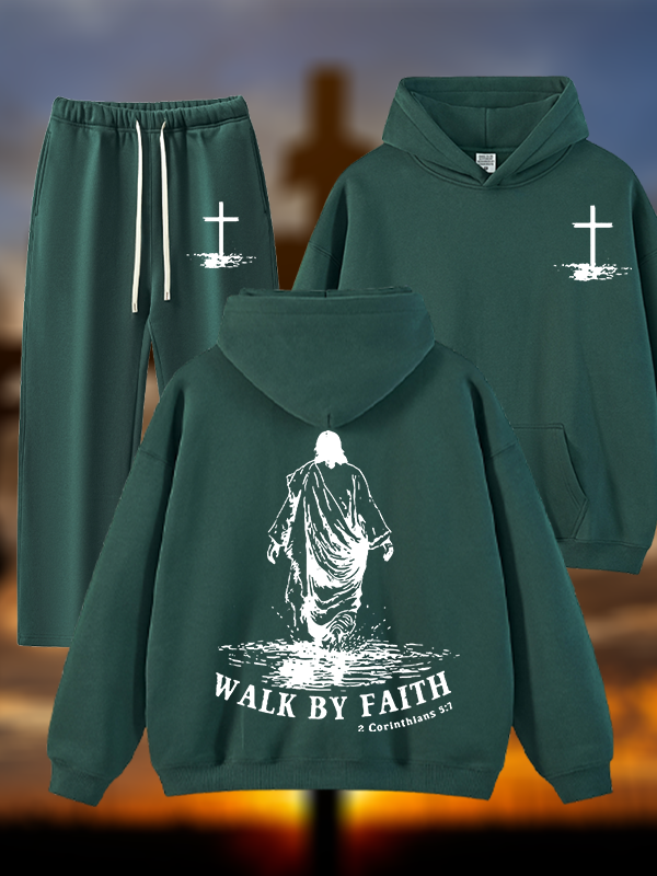 Walk by Faith Jesus God Christian Plush Fleece-Lined Hoodie Set