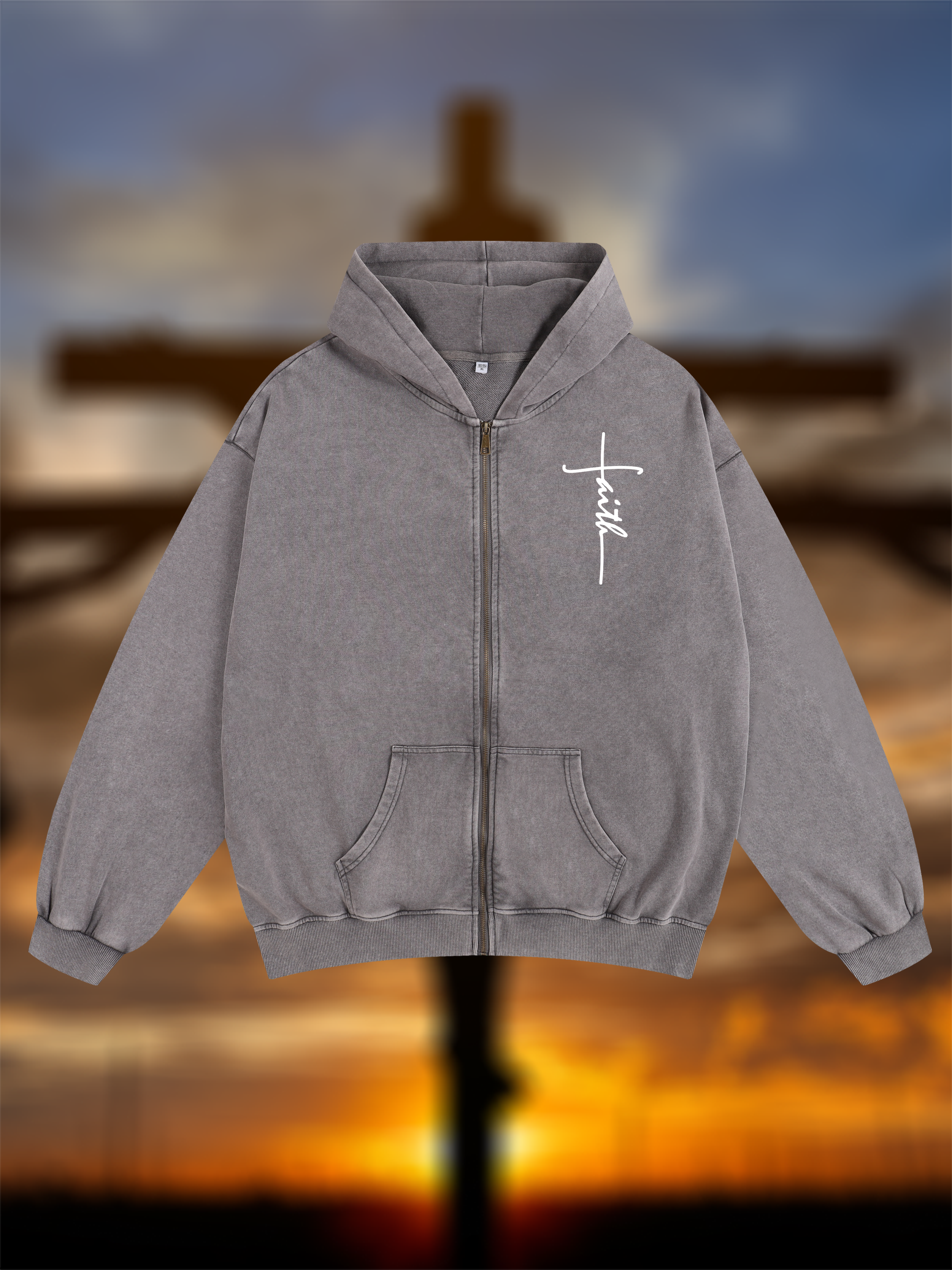 Faith Cross Jesus God Christian Washed Zip-Up Hoodie