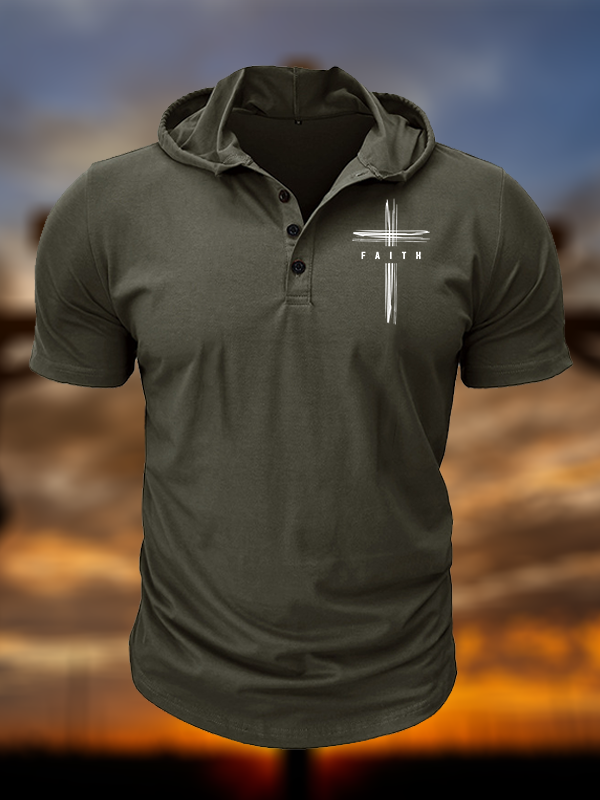 Faith Cross Christian Hooded Henley T Shirt