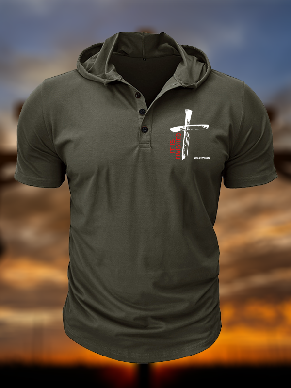It Is Finished  Christian Hooded Henley T Shirt