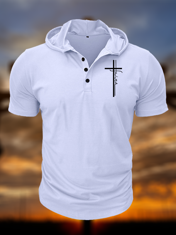 Faith Cross Christian Hooded Henley T Shirt