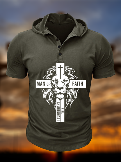 Man of Faith Christian Hooded Henley T Shirt
