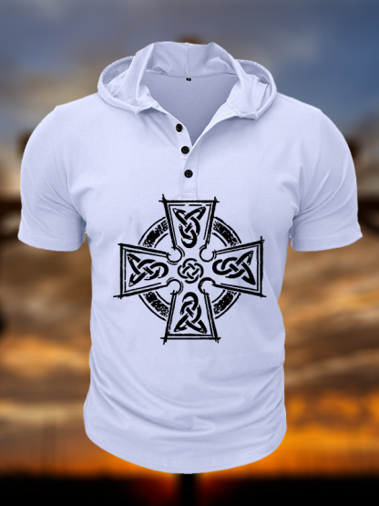 Celtic Cross Christian Hooded Henley T Shirt