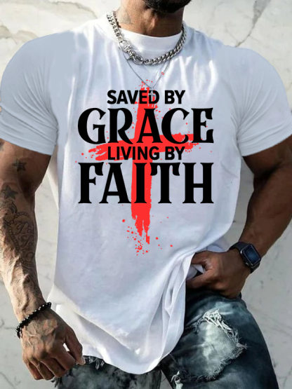 Saved By Grace Living By Faith Jesus God Christian Cotton T-Shirt