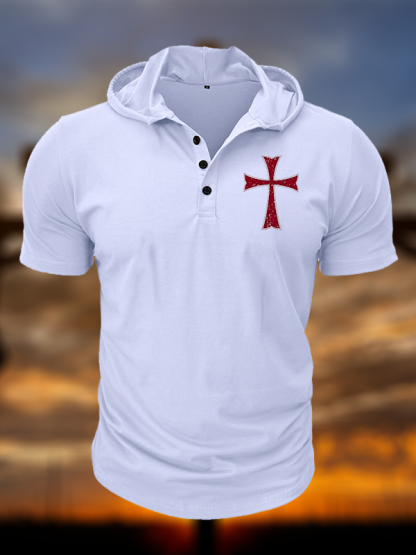 Knights Templar Crusader Cross Christian Hooded Henley T Shirt