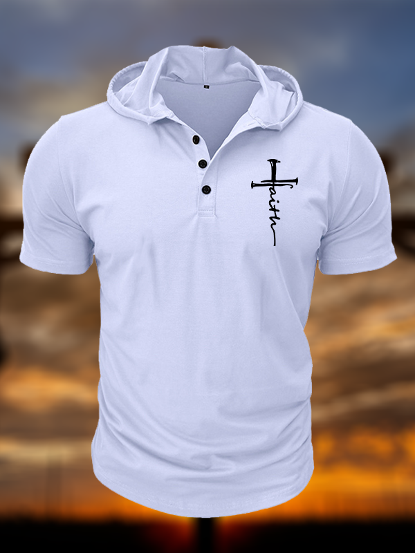 Cross Christian Hooded Henley T Shirt