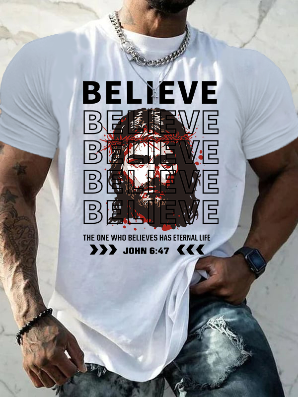 The One Who Believes Has Eternal Life Jesus God Christian Cotton T-Shirt