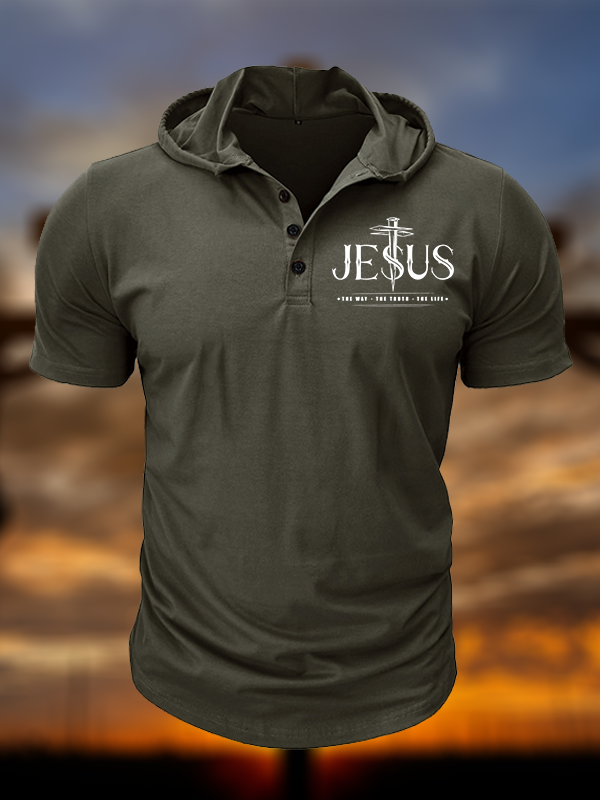 Jesus The Way The Truth The Life Christian Hooded Henley T Shirt