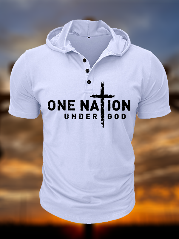 One Nation Under God Cross Christian Hooded Henley T Shirt