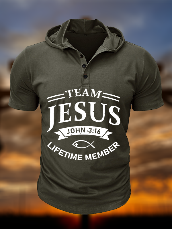 Jesus Team Christian Hooded Henley T Shirt