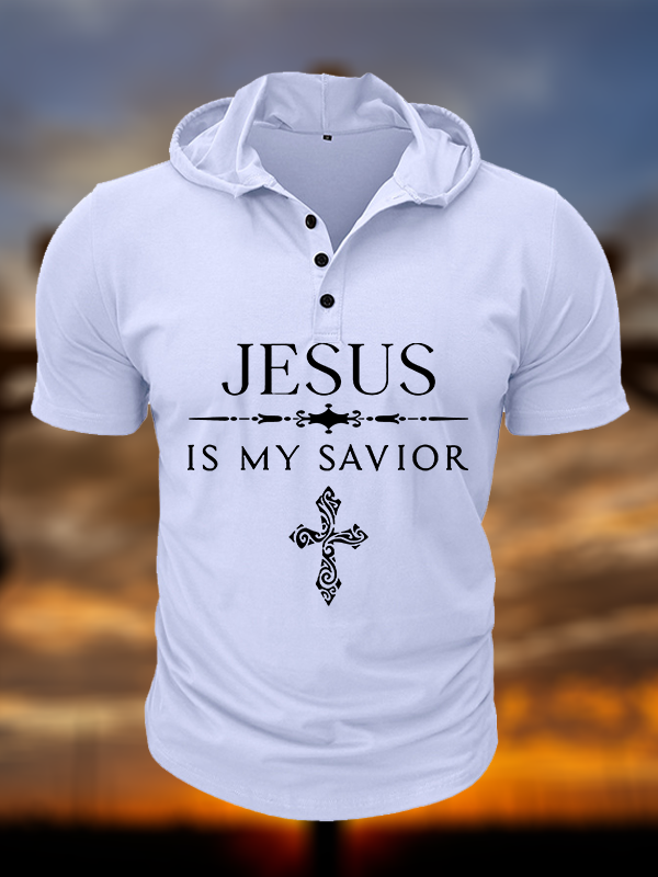 Jesus Is My Savior Christian Hooded Henley T Shirt