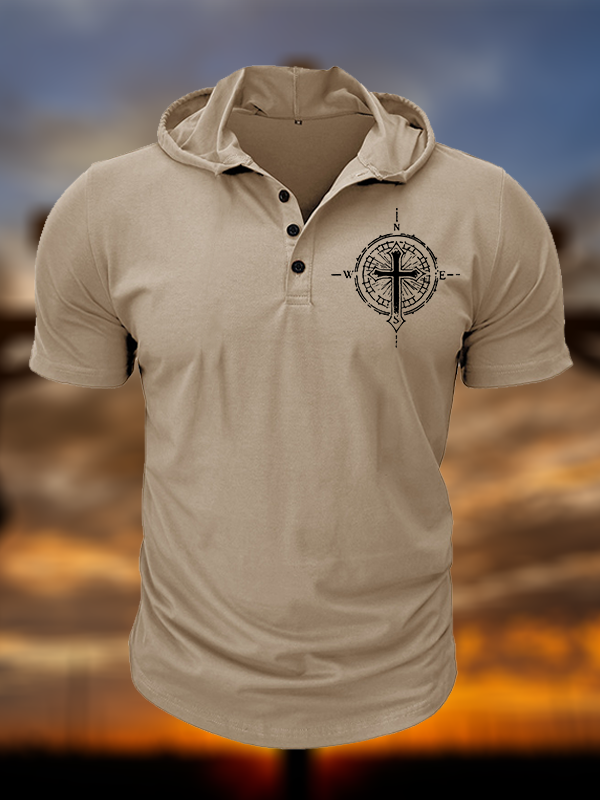 Cross Compass Christian Hooded Henley T Shirt