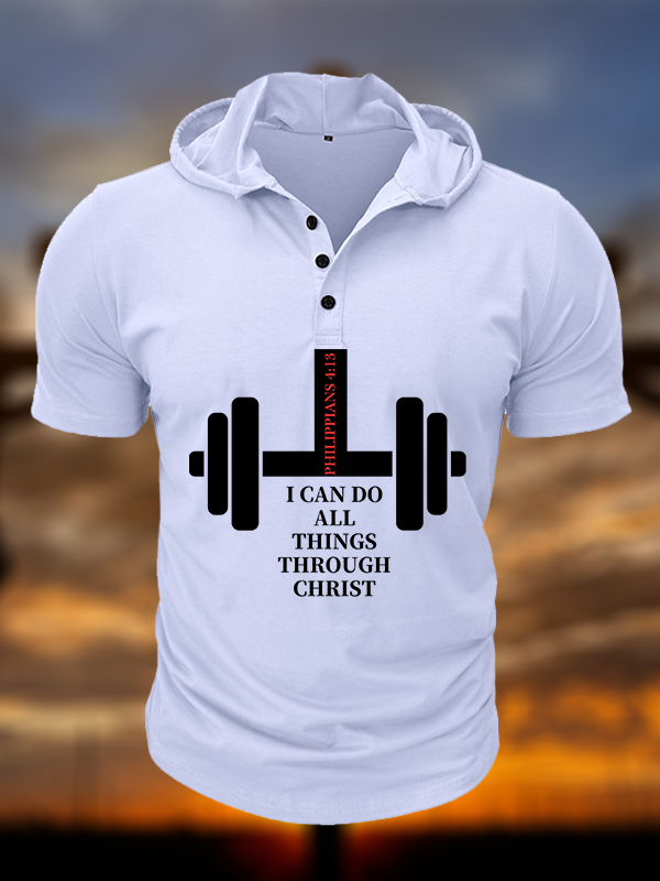 Fitness Philippians 4 : 13 Christian Hooded Henley T Shirt