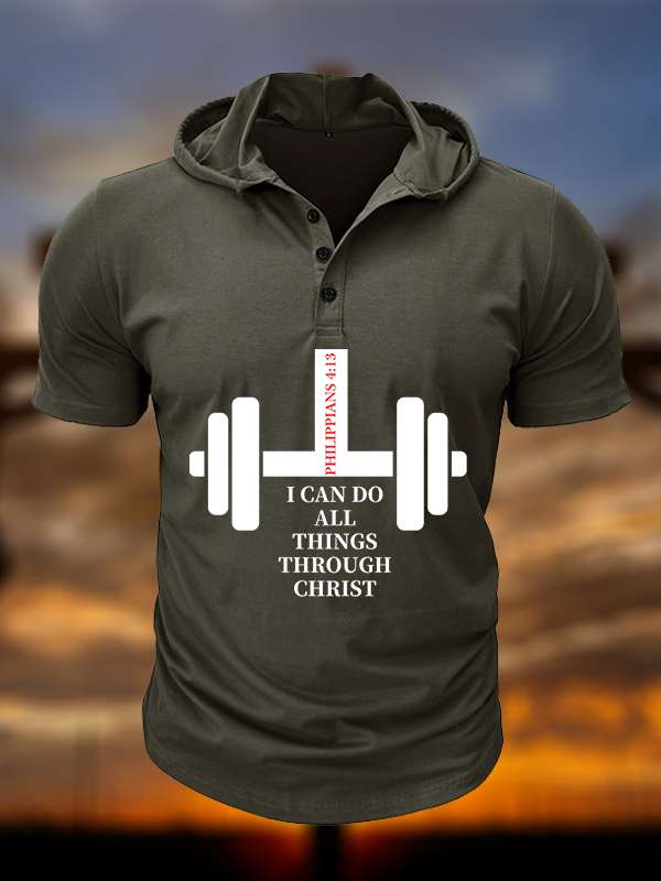 Fitness Philippians 4 : 13 Christian Hooded Henley T Shirt