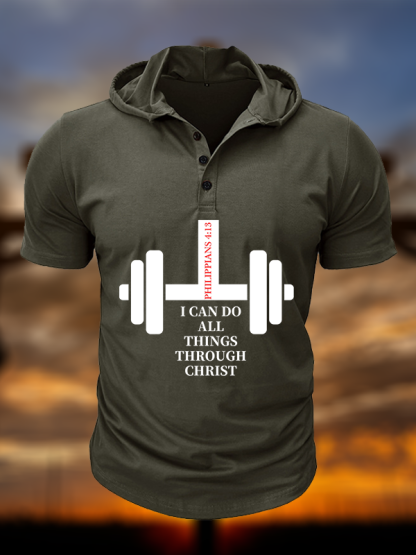 Fitness Philippians 4 : 13 Christian Hooded Henley T Shirt