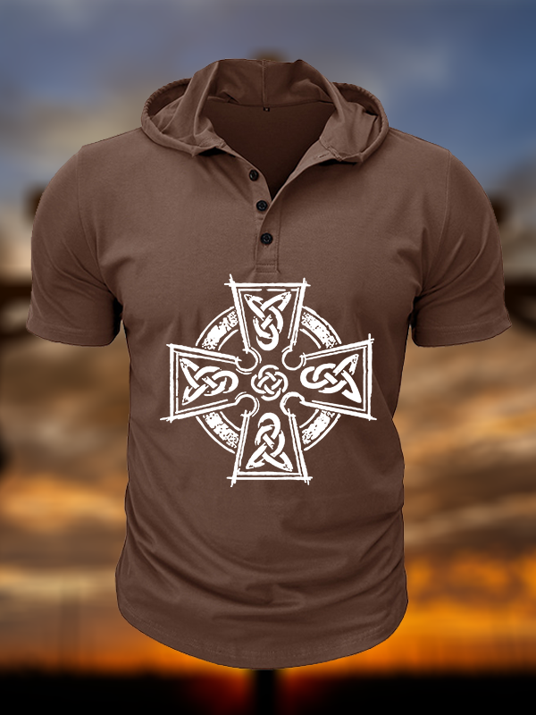 Celtic Cross Christian Hooded Henley T Shirt
