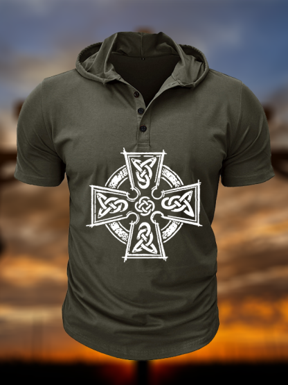 Celtic Cross Christian Hooded Henley T Shirt