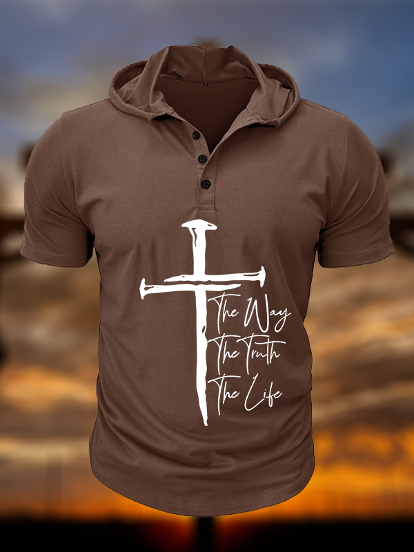 Jesus The Way The Truth The Life Christian Hooded Henley T Shirt