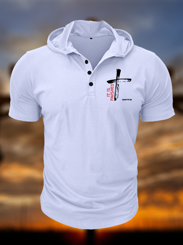 It Is Finished  Christian Hooded Henley T Shirt