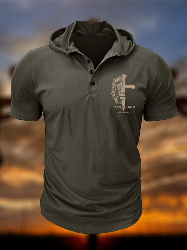 Man of Faith Christian Hooded Henley T Shirt