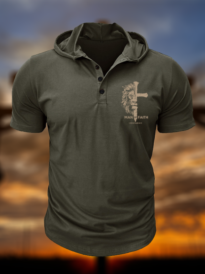 Man of Faith Christian Hooded Henley T Shirt