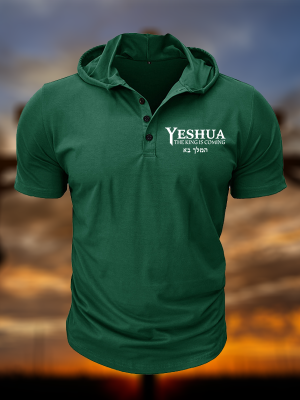 Yeshua The King Is Coming Hebrew Name Christian Hooded Henley T Shirt