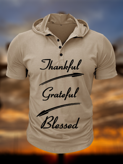 Thankful Grateful Blessed Christian Hooded Henley T Shirt