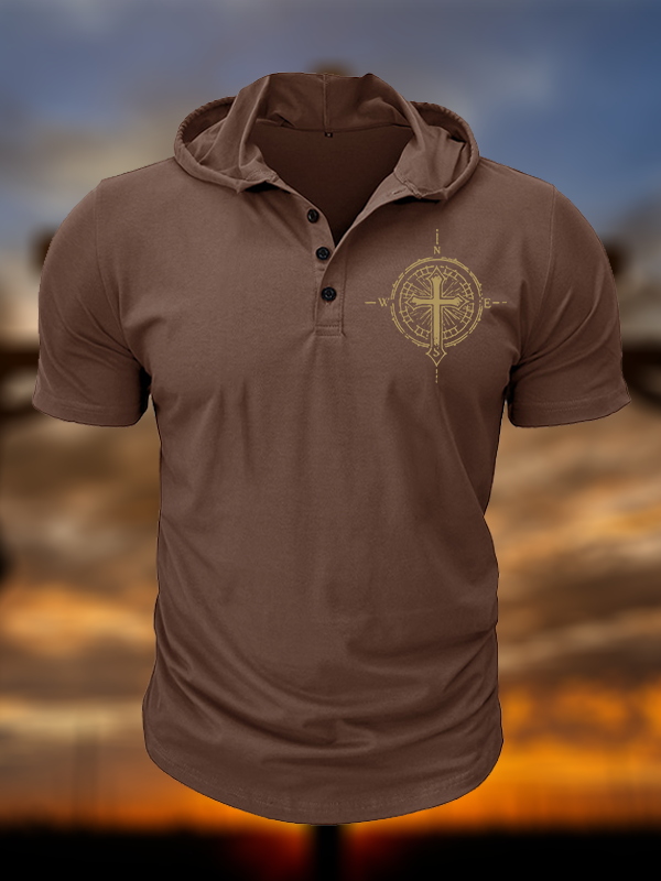 Cross Compass Christian Hooded Henley T Shirt
